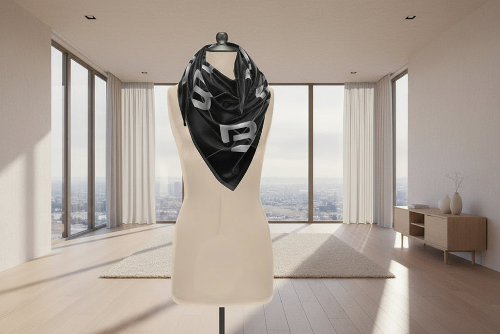 Black and gray patterned scarf on a mannequin with a living room background