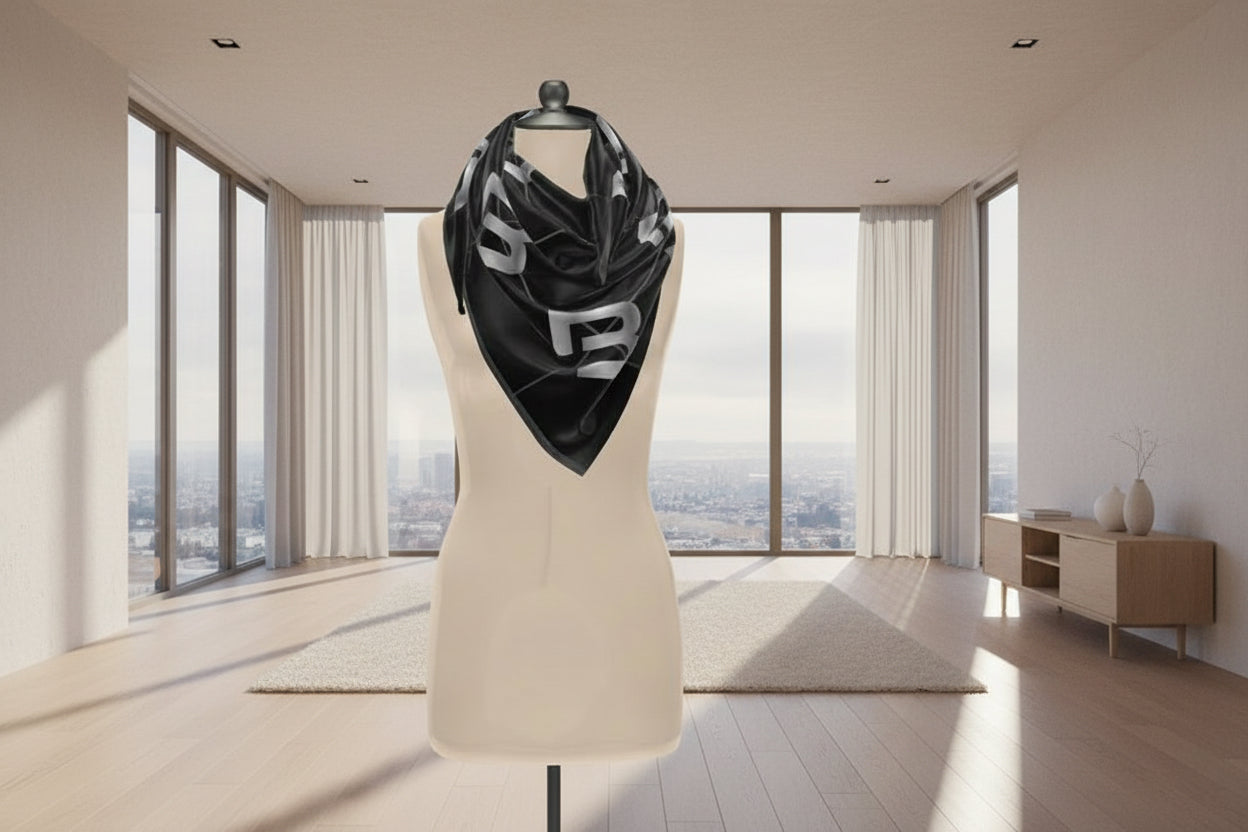 Black and gray patterned scarf on a mannequin with a living room background