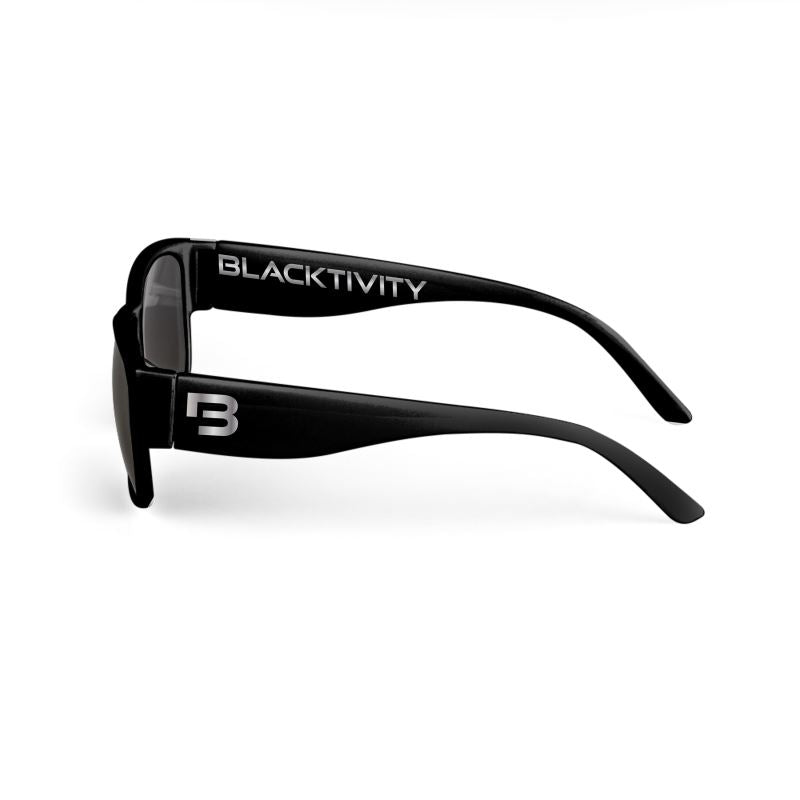 Black sunglasses with 'Blacktivity' branding on a white background