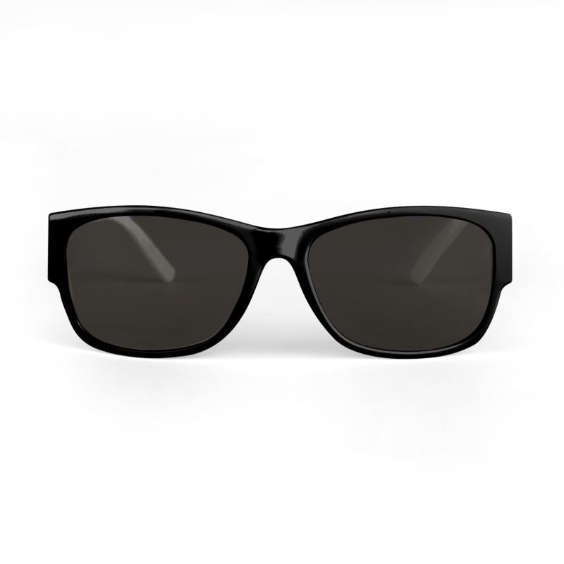 Black sunglasses with dark lenses on a white background